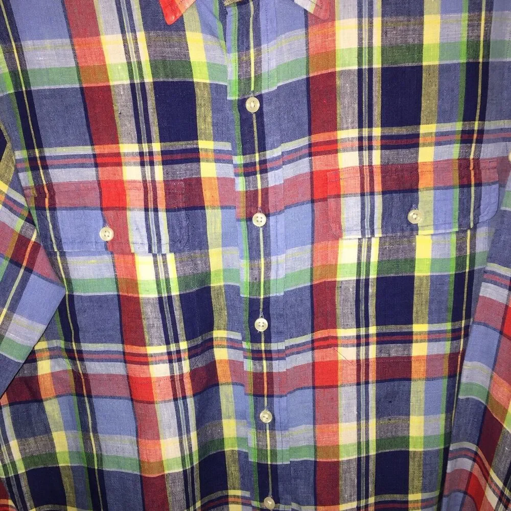 Polo Ralph Lauren Custom Fit 100% Linen Red Plaid Long Sleeve Shirt Men’s Large